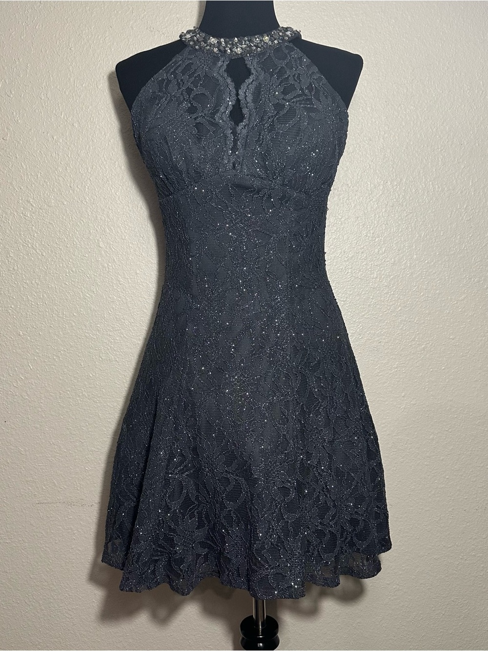 Morgan & Co. Black Beaded Halter Lace A-Line Mini Dress